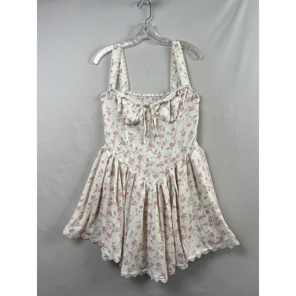SHEIN Milkmaid Mini Dress Women Large Floral Lace Trim Cottage Core Smocked